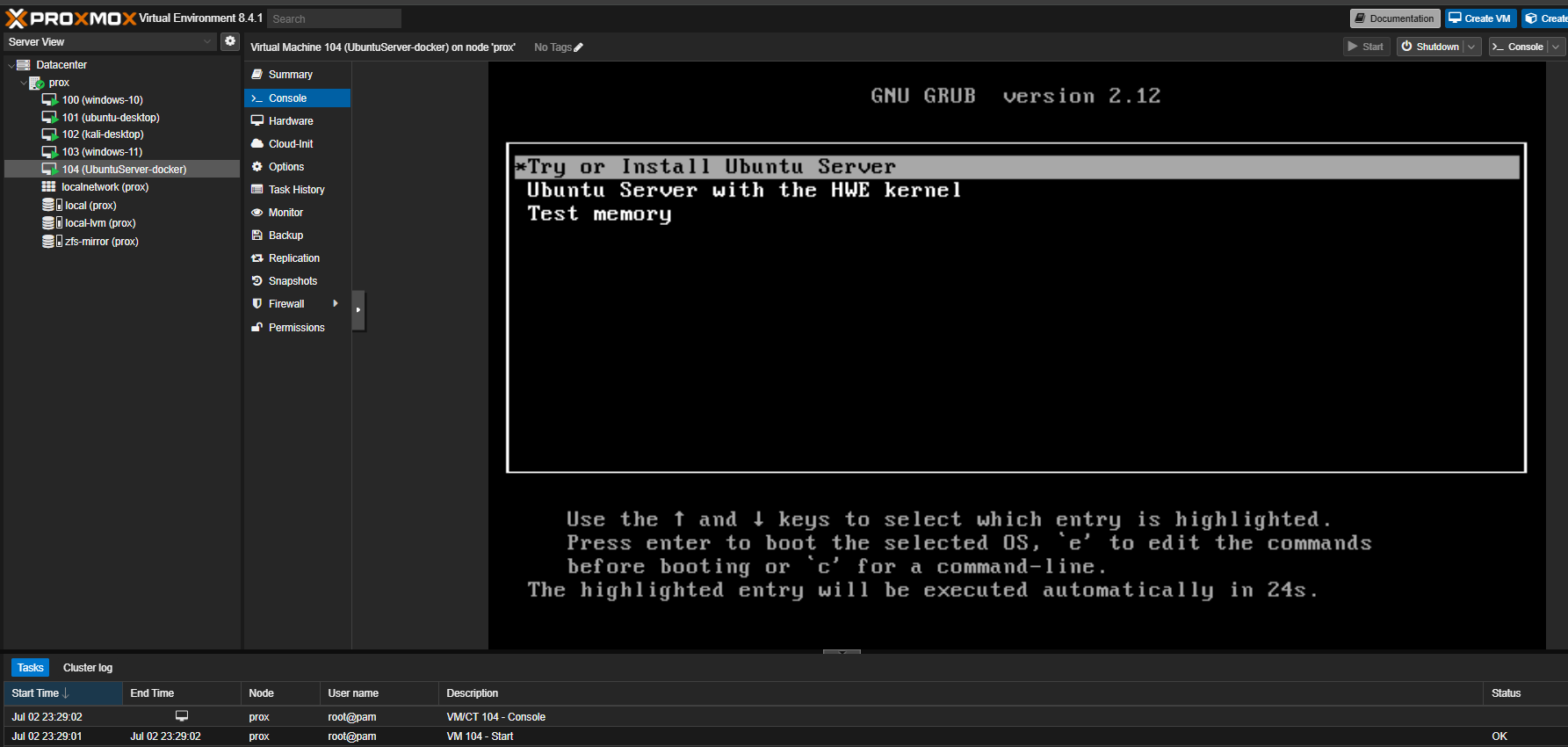 Starting ubuntu server installation
